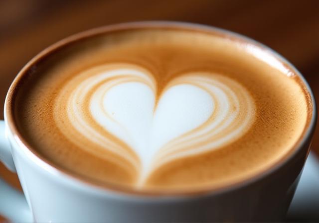 Primer plano de un café con arte latte en forma de corazón en una taza blanca
